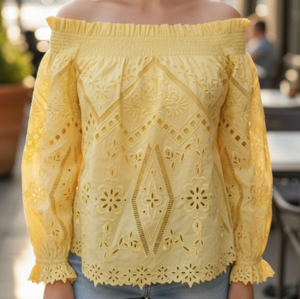 Christy Lynn Embroidered Crop top Bare Shoulder Style